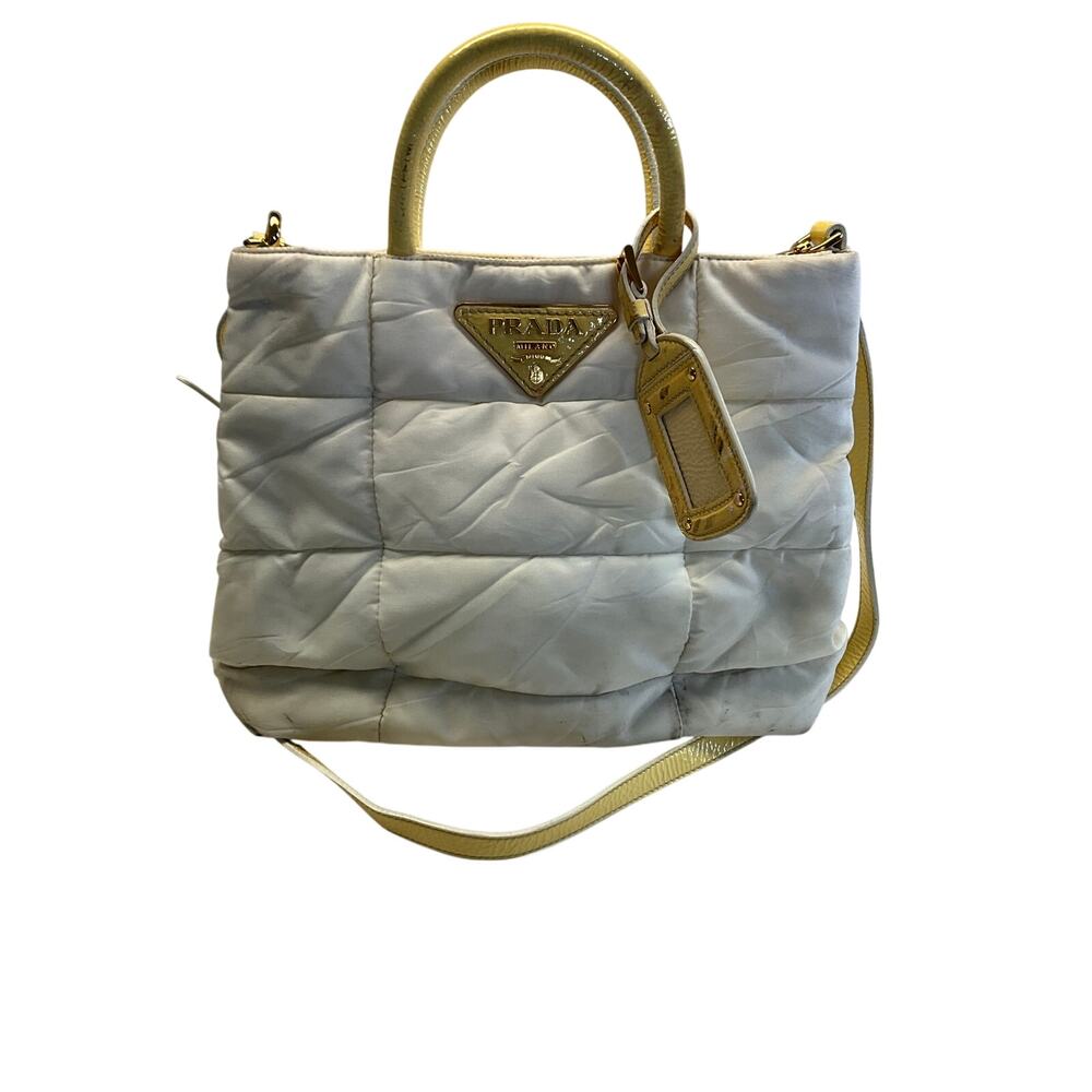 Authentic Prada Tessuto Quilted Nylon Tote White Gold Leather Trim Y2K